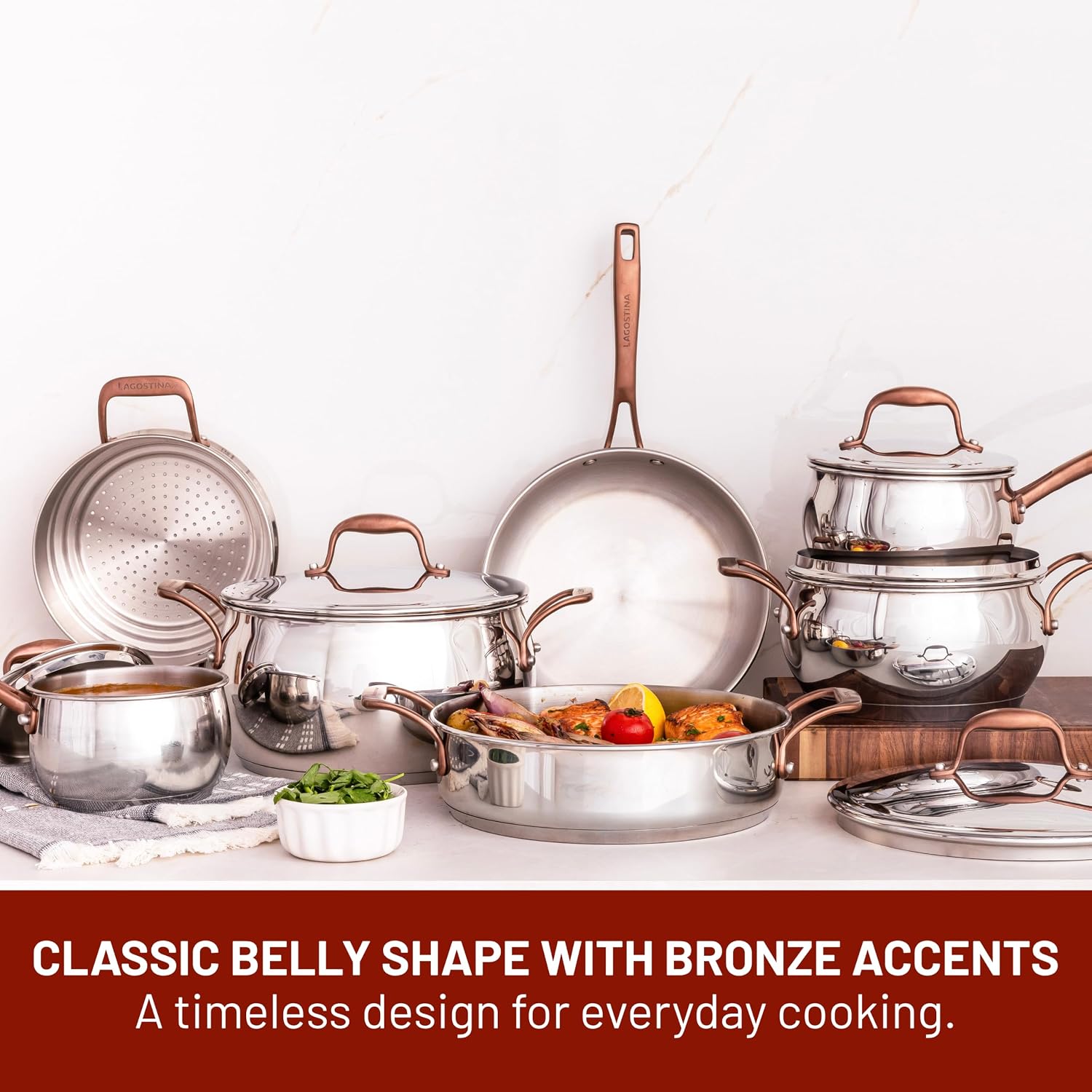 Detalle de Lagostina L415629612 Bronzeo 12-Piece Stainless Steel Cookware Set