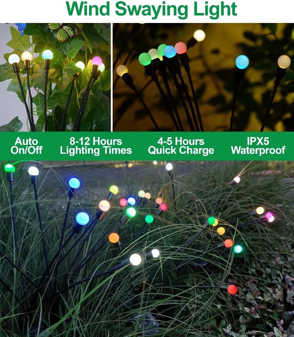 Detalle 1 de SIOTMERA SQD T4 Solar Firefly Garden Lights, 8 Count, 8 Changing Colours