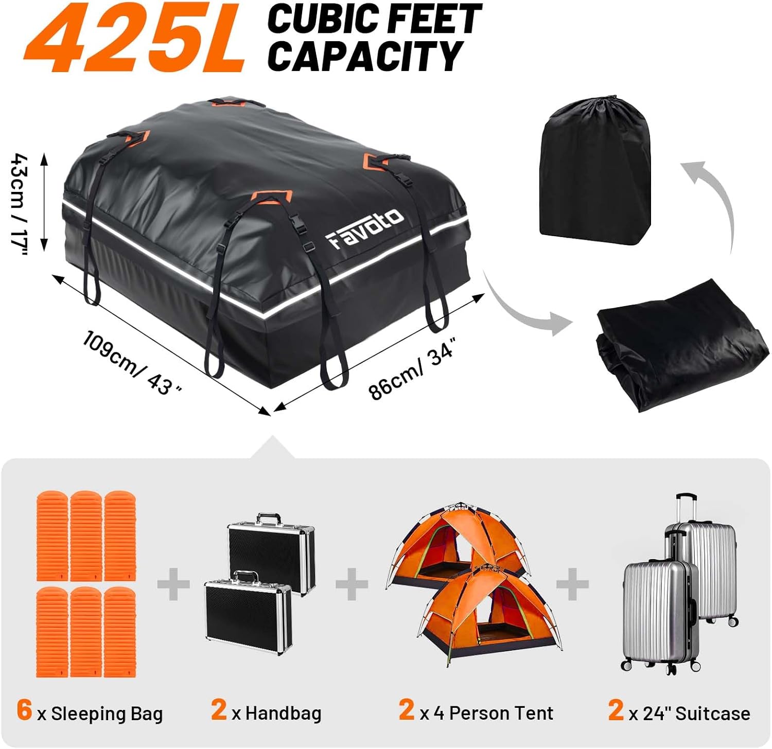 Thumbnail 5 de Favoto Box da Tetto Auto Impermeabile 425L – Borsa Portapacchi Pieghevole con Tappetino Antiscivolo e Cinghie (Nero)