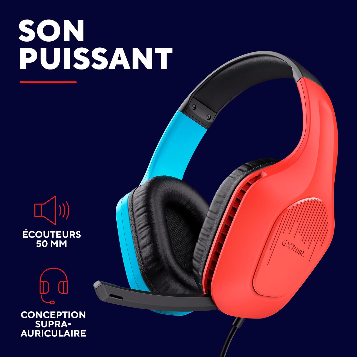 Thumbnail 3 de GXTrust Zirox: Casque Gaming Léger pour Nintendo Switch (Bleu/Rouge) avec micro rétractable