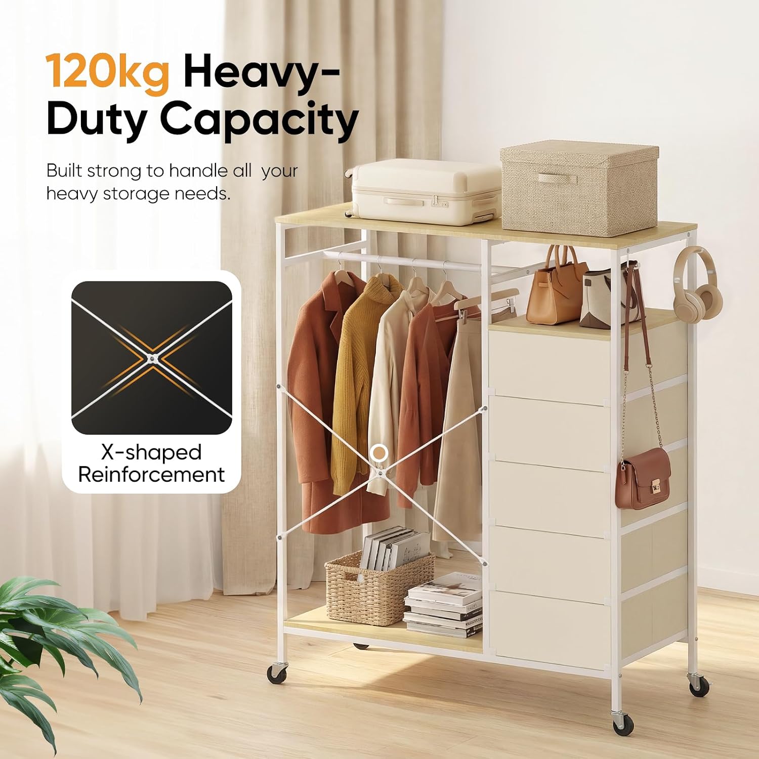 Detalle de HOKEEPER All-in-One Rolling Coat Rack with 5 Drawers (Beige) – Mobile closet organiser on wheels