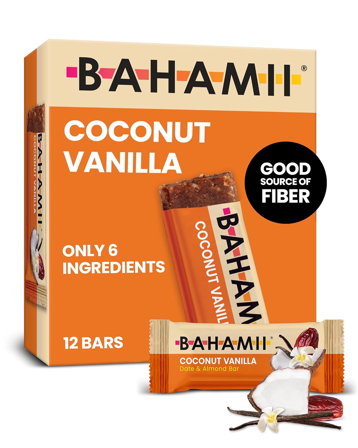 Detalle de Bahamii Coconut Vanilla Date & Nut Bars, No Sugar Added, 12-Count
