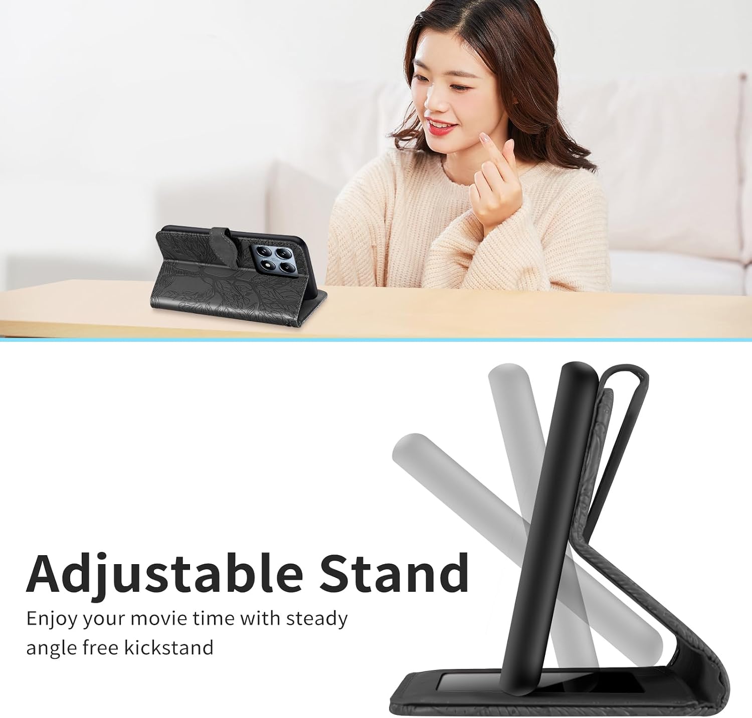 Detalle de Rostsant Flip Case für Xiaomi 14T Pro – Geprägtes PU-Leder Brieftasche mit Standfunktion in Schwarz