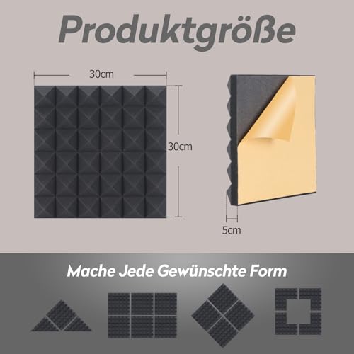 Detalle de AUSLET Akustikschaumstoff Schalldämmung – Hochdicht Pyramidenschaumplatten, Selbstklebend, Schwarz, 24 Stück (30 × 30 × 5 cm)