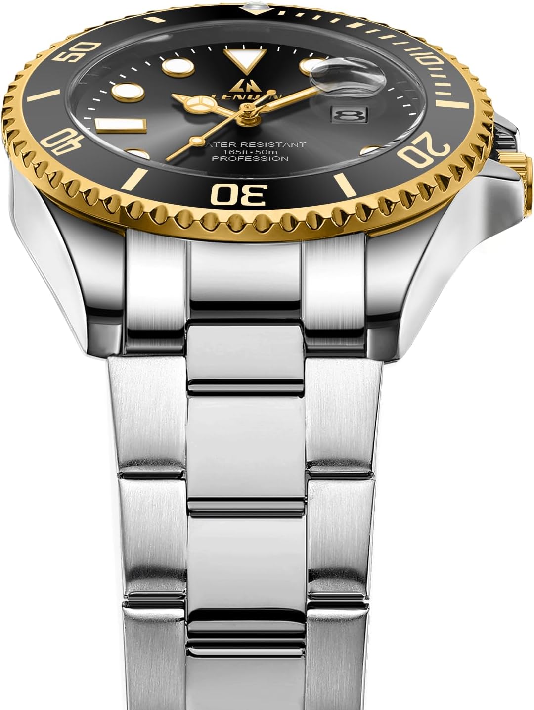 Detalle de LN LENQIN Herren Uhr Edelstahl – Datum, Leuchtziffern, 3ATM, Quarz-Armbanduhr