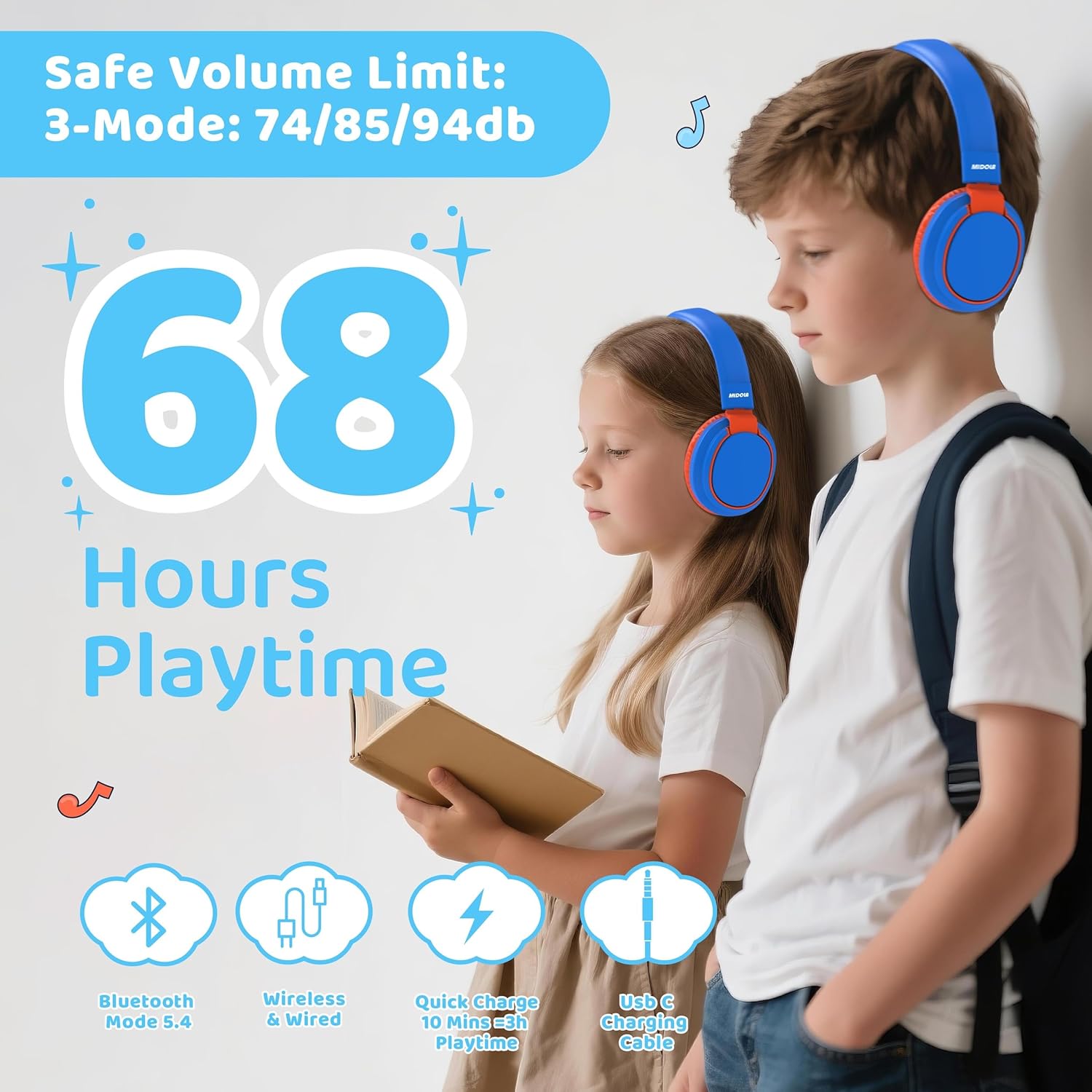 Thumbnail 1 de MIDOLA Kids Wireless Bluetooth Headphones with Safe Volume, 68H Play Time, Over-Ear Foldable Design