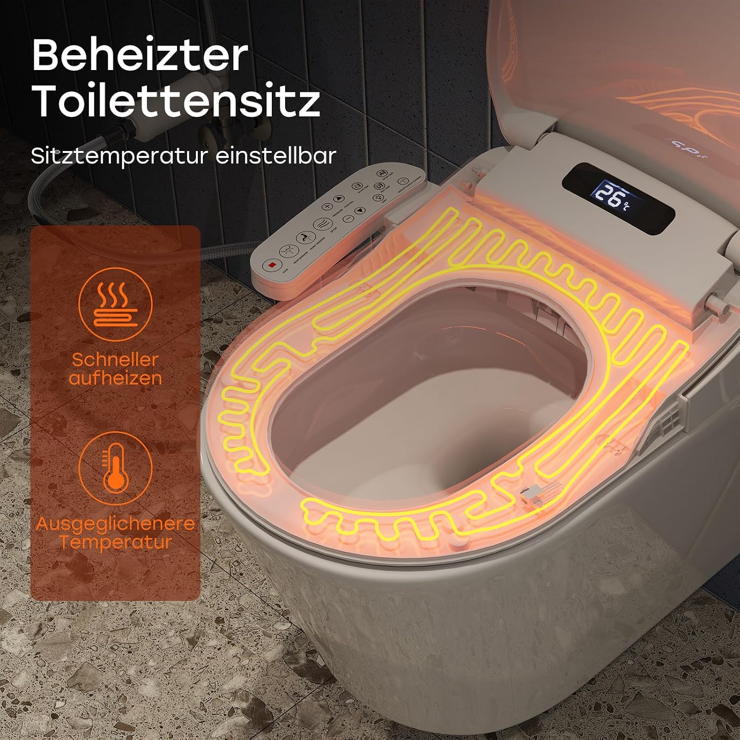 Detalle 1 de Intelligenter Smart-Toilettensitz WC Bidet mit Düse, Duschfunktion & Warmlufttrocknung