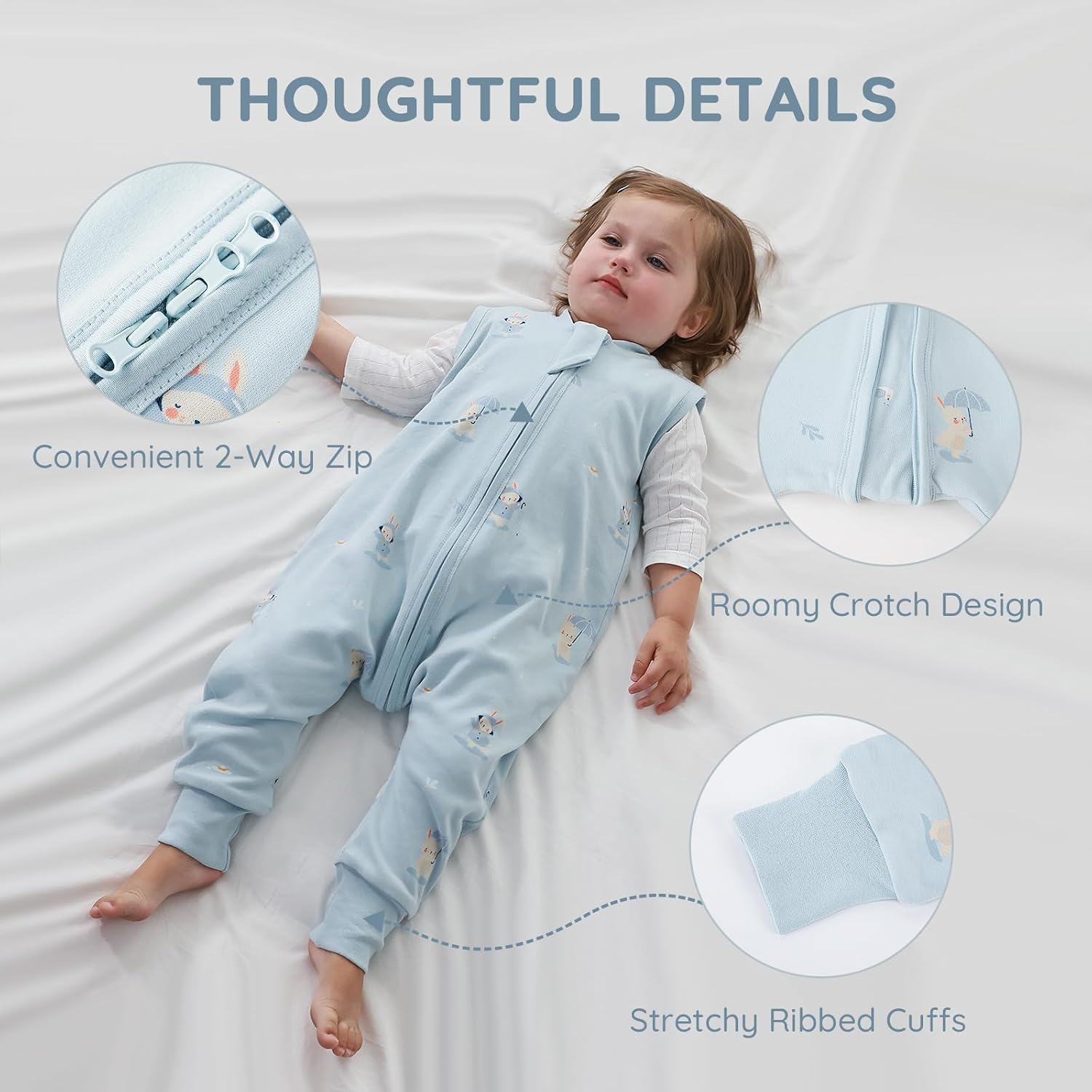 Detalle de Mosebears 1.0 TOG Cotton Baby Sleeping Bag (65–110 cm) – Unisex Spring & Autumn Sleep Sack