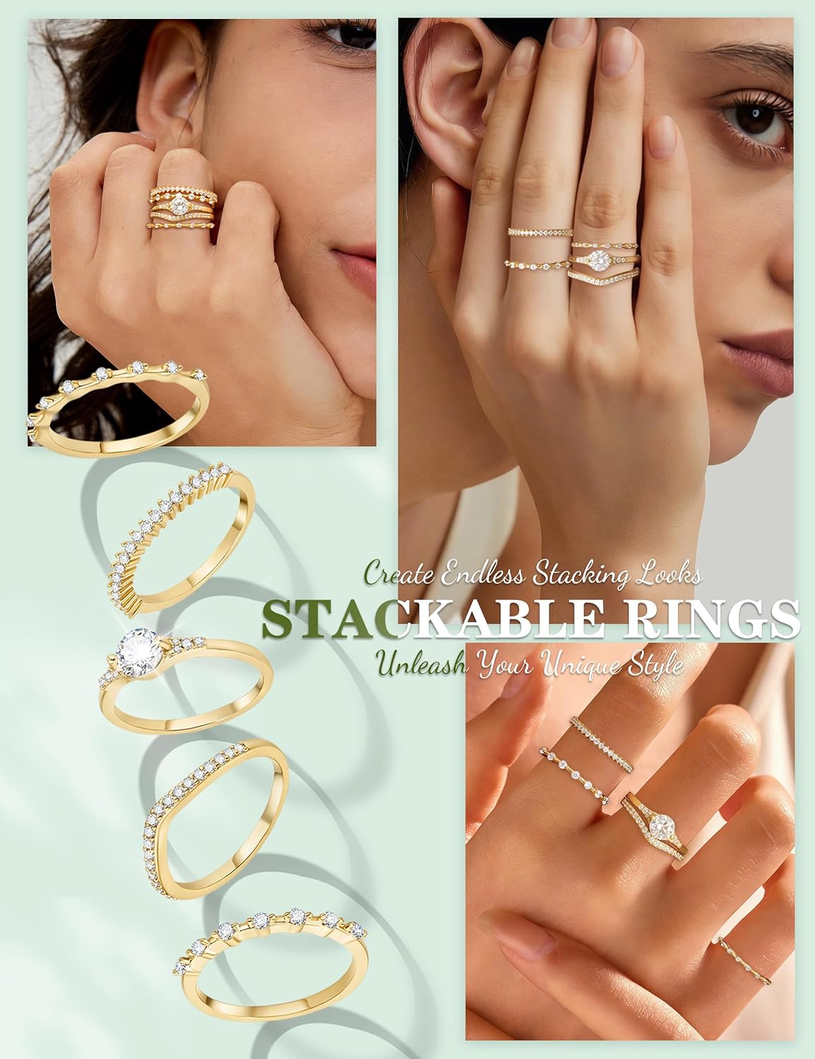 Thumbnail 4 de Macachii 5-Piece Silver Ring Set for Women, Stackable Diamante CZ Promise/Engagement Style