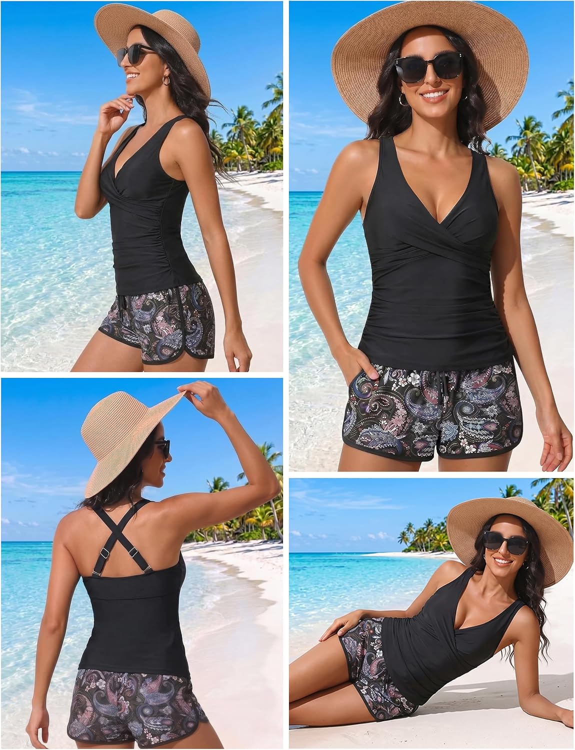 Detalle de Hilor Women's Underwire Tankini Top with Tummy Control and V-Neck Cross Front