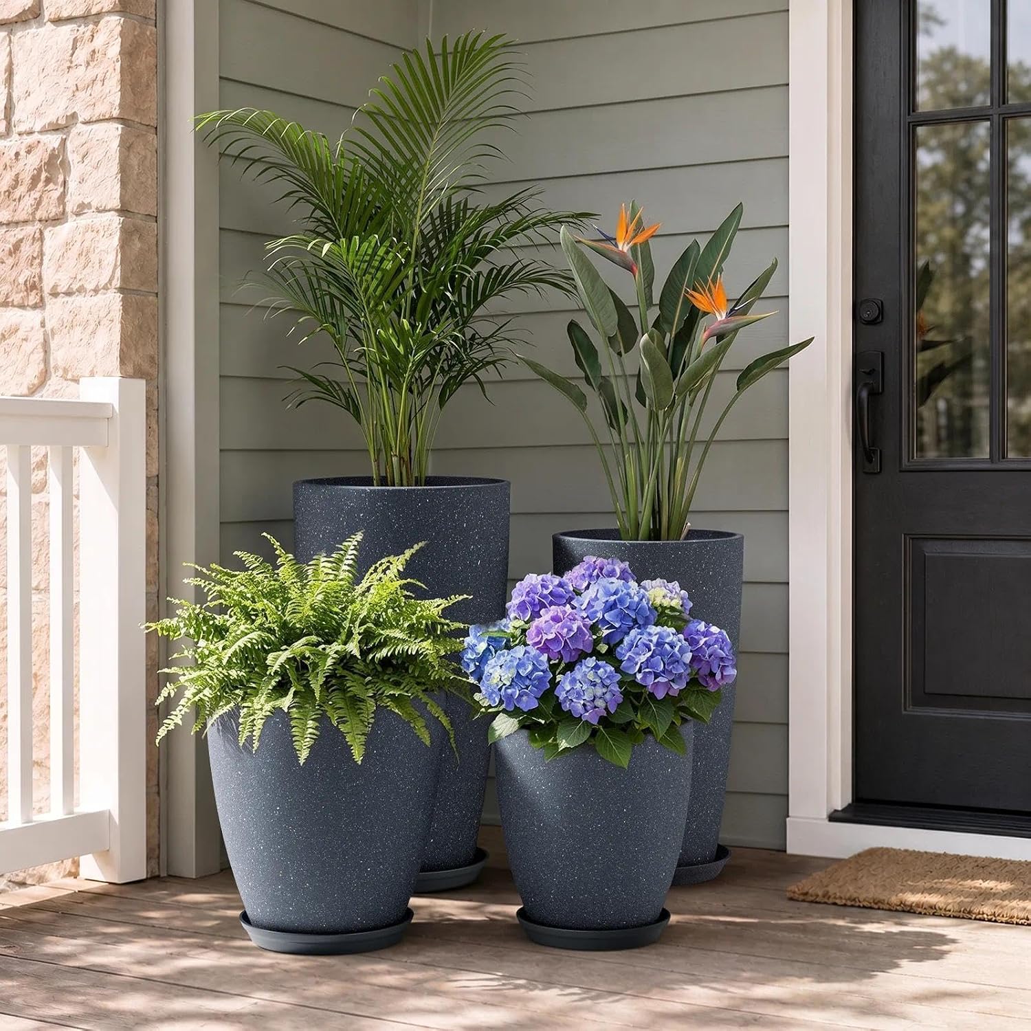 Detalle de ZMTECH 4-Pack Plastic Planters, 21/18/12/10 in, Dark Grey Faux-Stone Finish