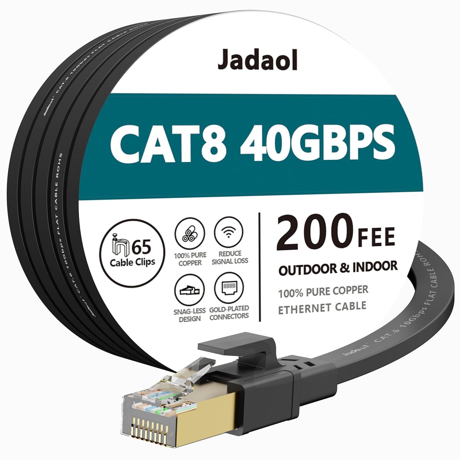 Thumbnail 6 de Jadaol Cat 8 Ethernet Cable 25 ft (40Gbps, 2000MHz) Flat RJ45 S/FTP Patch Cable, White