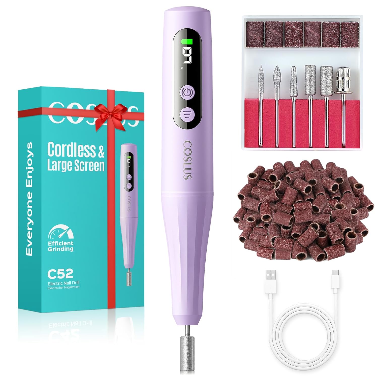 Detalle de COSLUS C52 Cordless Electric Nail Drill with LED Display (Acrylic Gel, Powder) — Purple