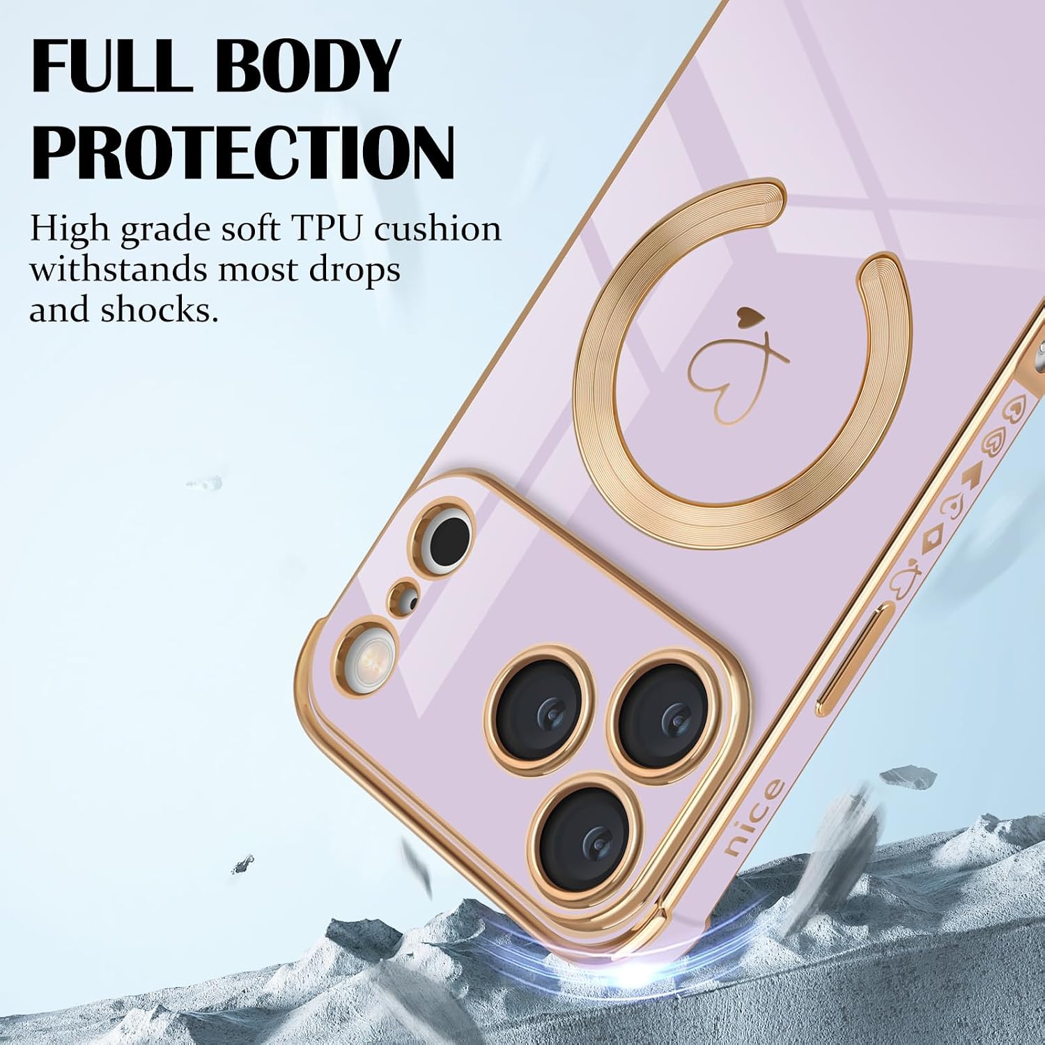 Detalle de Newseego Magnetic Case for iPhone 17 Pro Max – Purple Heart Pattern, MagSafe Compatible