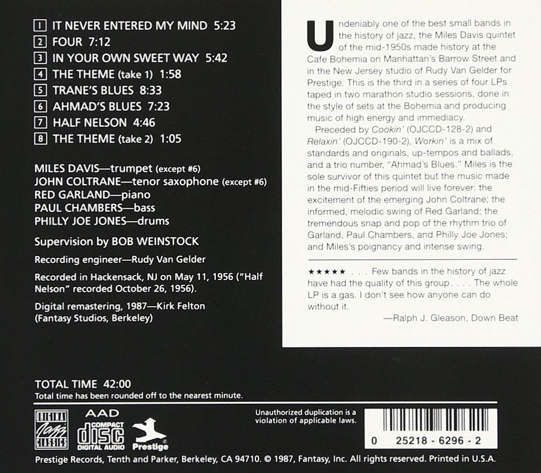 Detalle 2 de Miles Davis Quintet 1986556 Workin' Audio CD