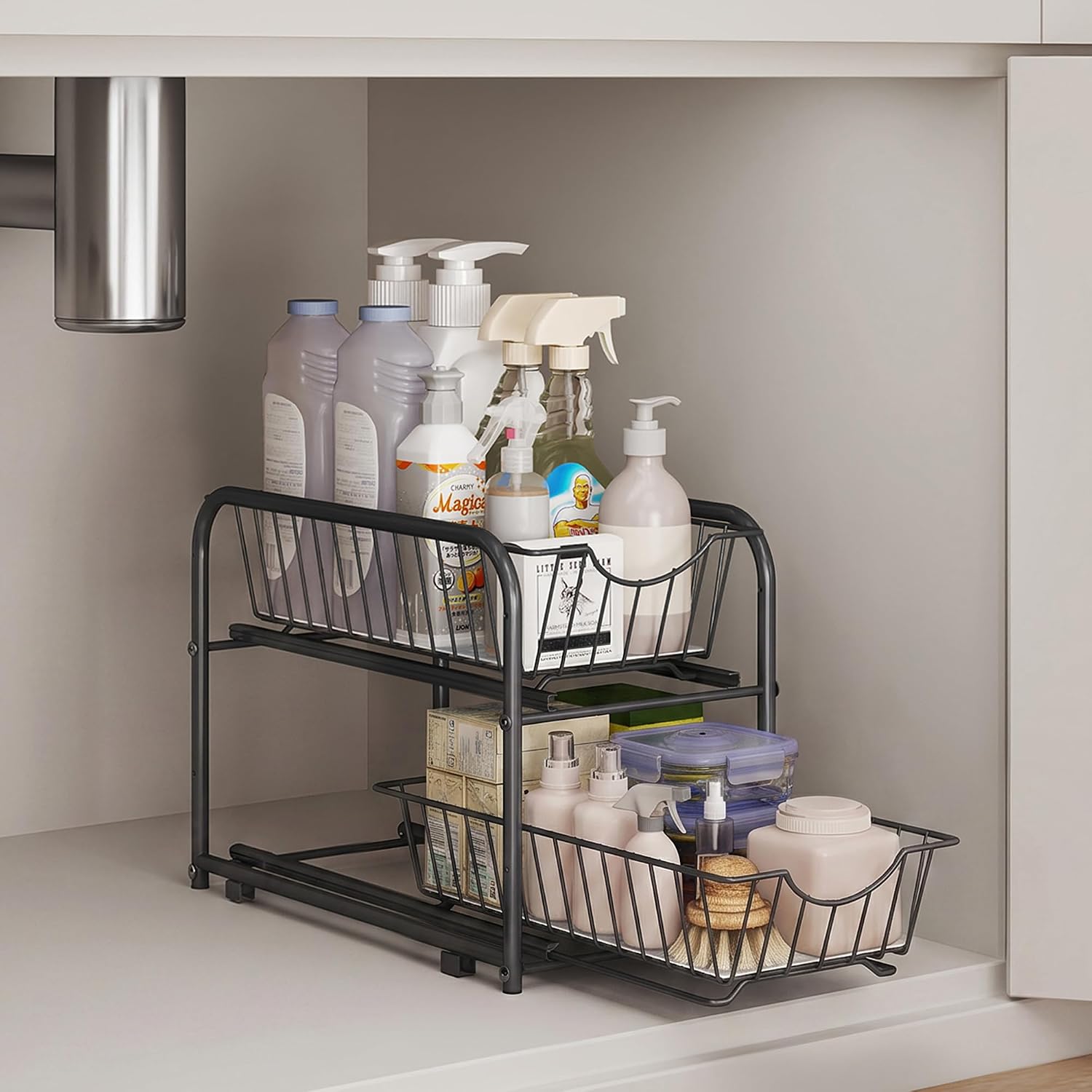 Detalle de SONGMICS UKCS017B01 Pull-Out Cabinet Organizer, 2-Tier Adjustable Steel Baskets, Ink Black