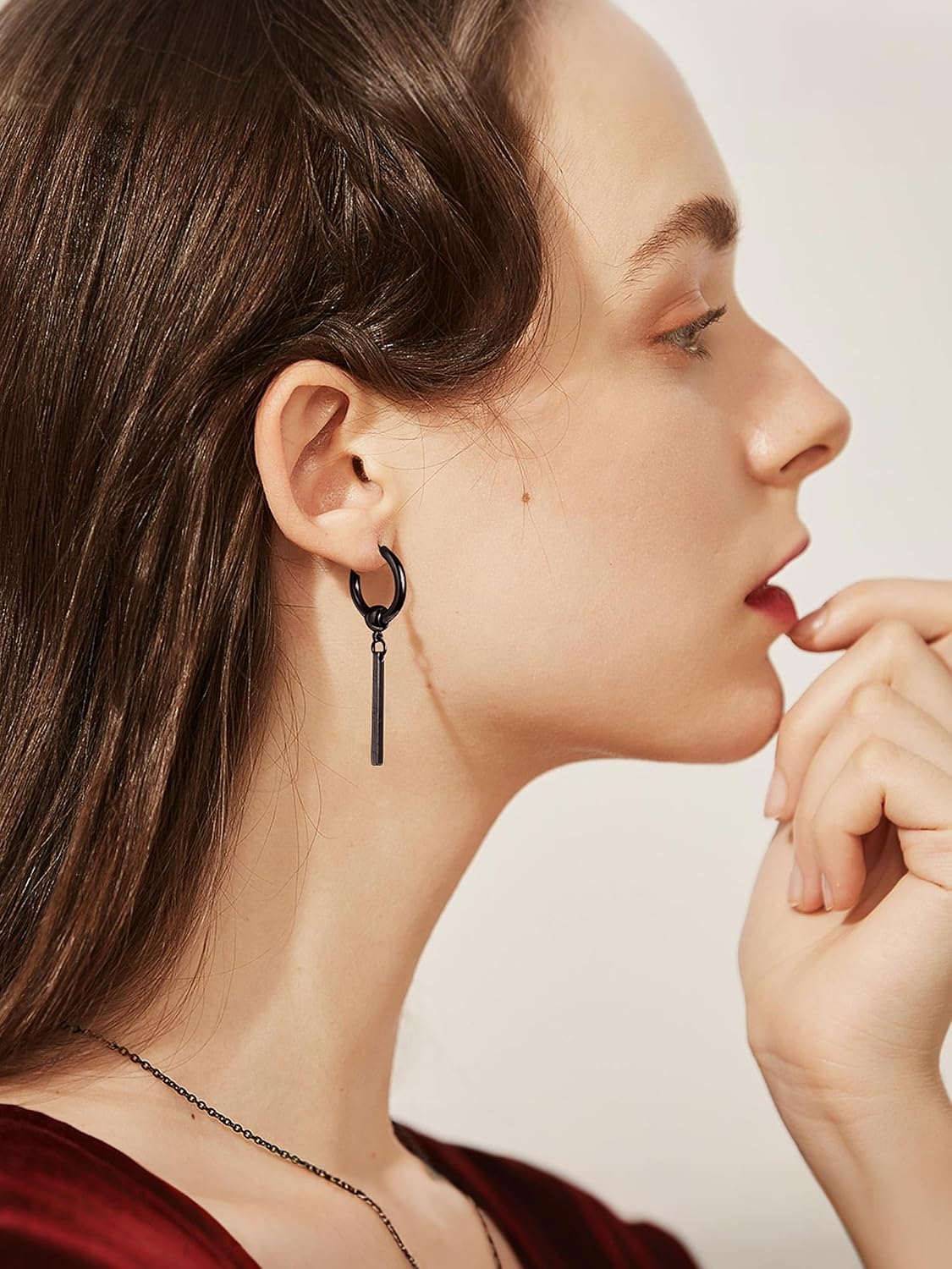 Detalle de PROSTEEL Boucles d’oreilles homme créoles 12 mm avec pendants barres en acier inoxydable 316L et placage noir