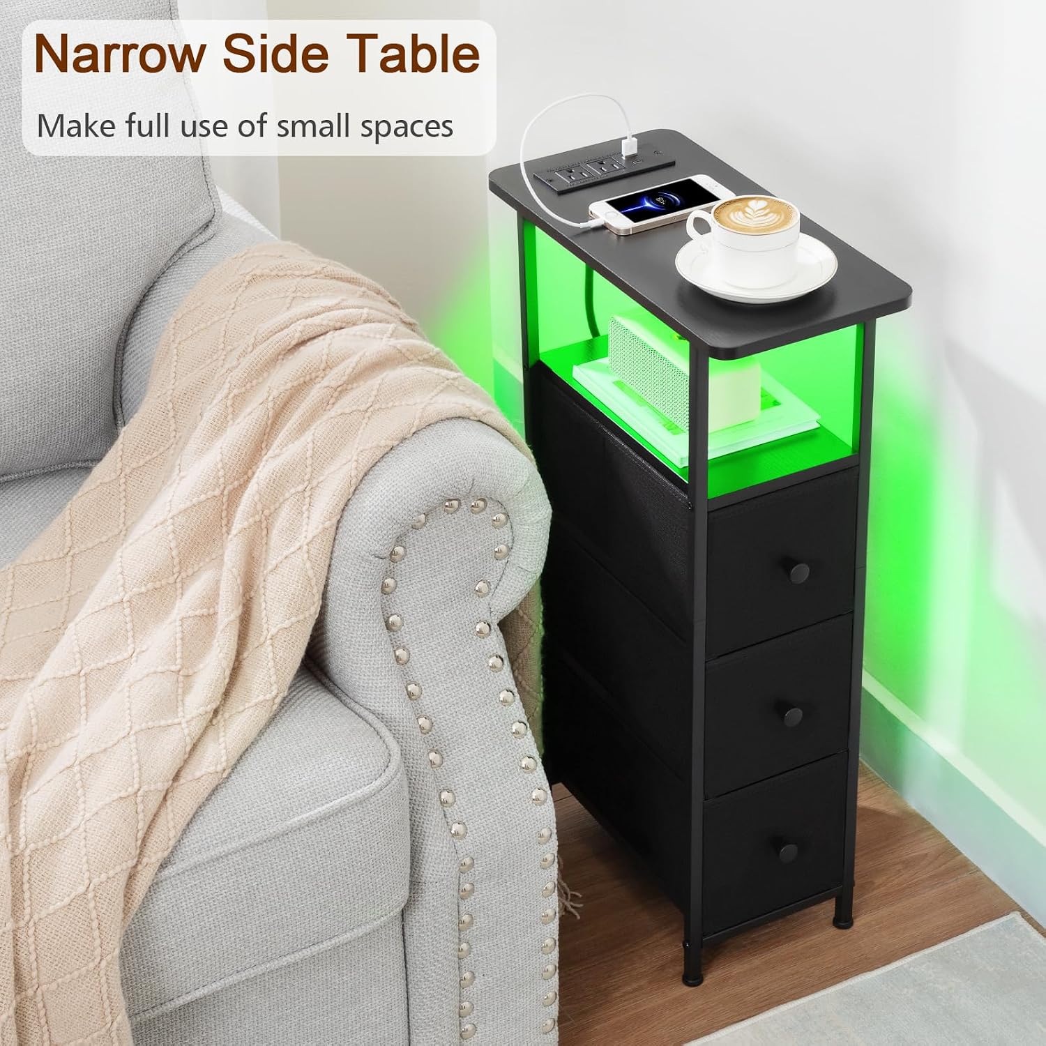 Detalle 2 de LOAKEKEL Narrow End Table with 3 Fabric Drawers