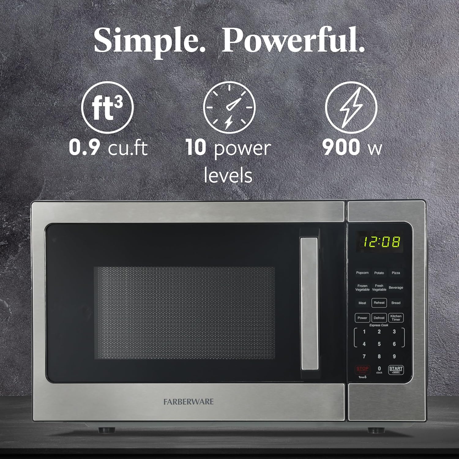 Thumbnail 1 de Farberware 0.9 Cu. Ft. Countertop Microwave Oven — 900W, Auto Cook Settings, Defrost, Easy Clean, Child Safety Lock (Stainless Steel)