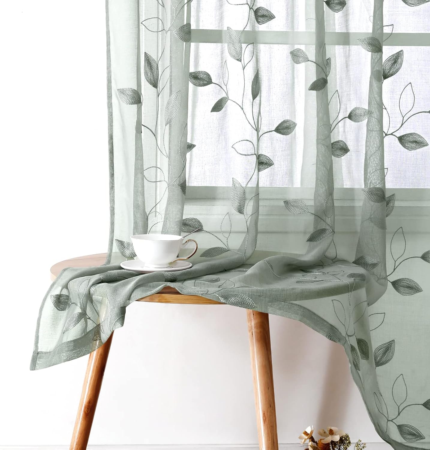 Detalle de HOMEIDEAS 2 Sheer Curtains, Sage Green Embroidered Leaves, 52 x 84 Inches