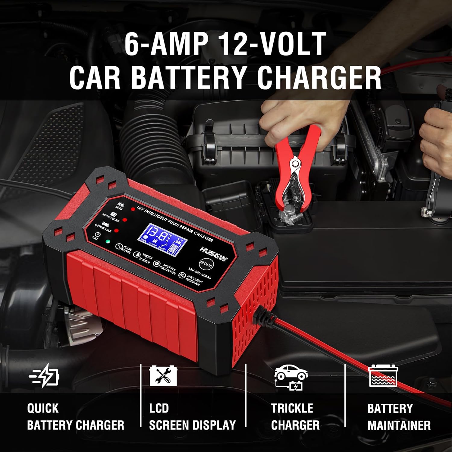 Thumbnail 1 de Caricabatterie 12V6A Husgw: ricarica intelligente con display LCD per auto, moto, camion e molto altro