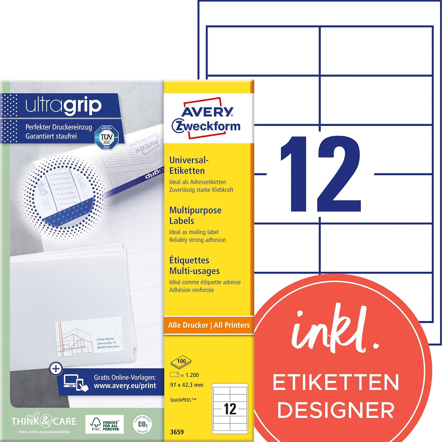 Detalle de AVERY Zweckform 3659 Adressaufkleber – 1.200 Etiketten 97 x 42,3 mm auf A4, matt, selbstklebend