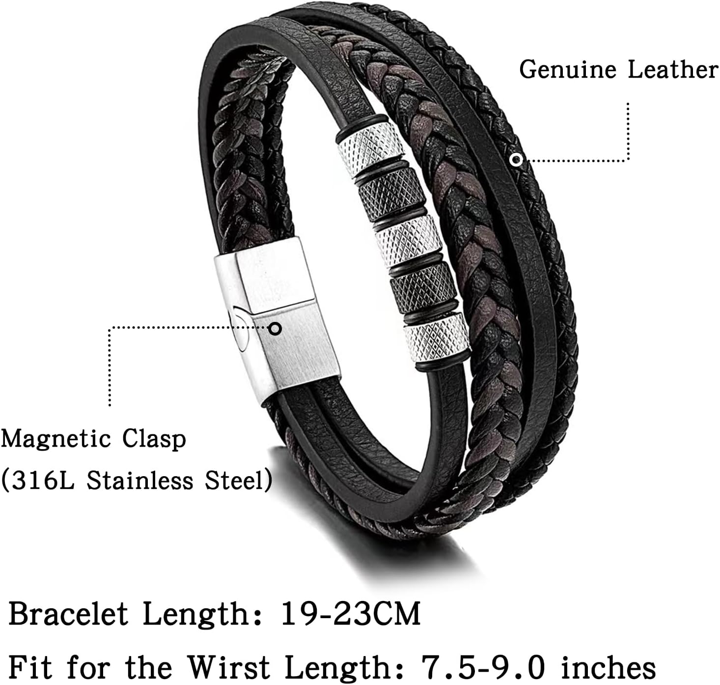 Detalle de JSNOM Herren Lederarmband aus echtem Rindsleder mit 316L-Edelstahl – geflochten, in Silber/Schwarz/Gold