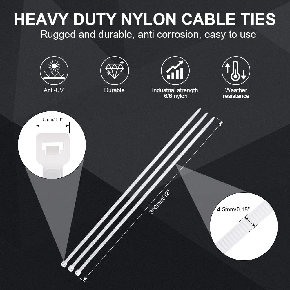 Detalle de Boacua ZD-12 12-Inch Nylon Cable Ties, 100-Pack, UV-Resistant