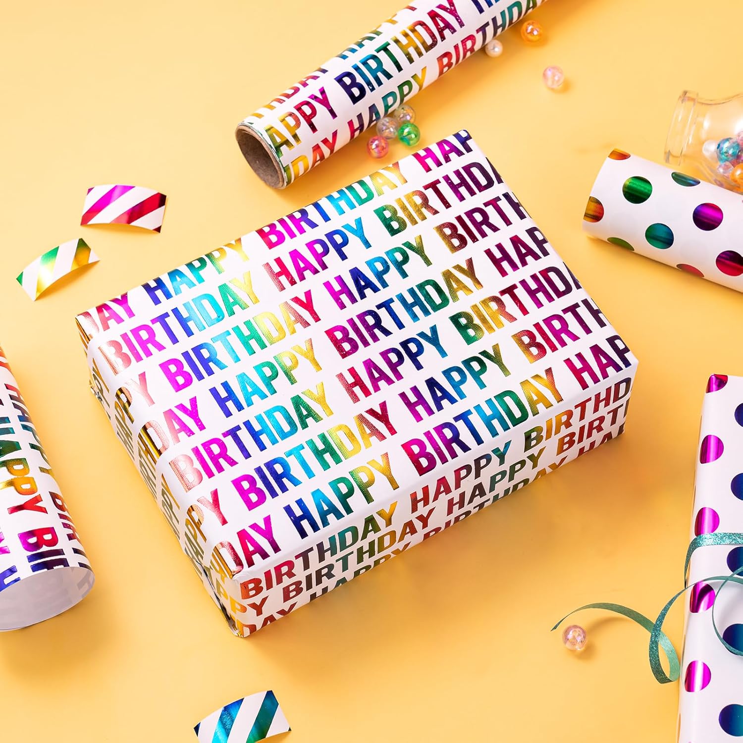 Detalle 2 de Wrapaholic Birthday Wrapping Paper Roll – Mini Roll, 3 Rolls, 17 in x 120 in per roll, Colorful Foil Design