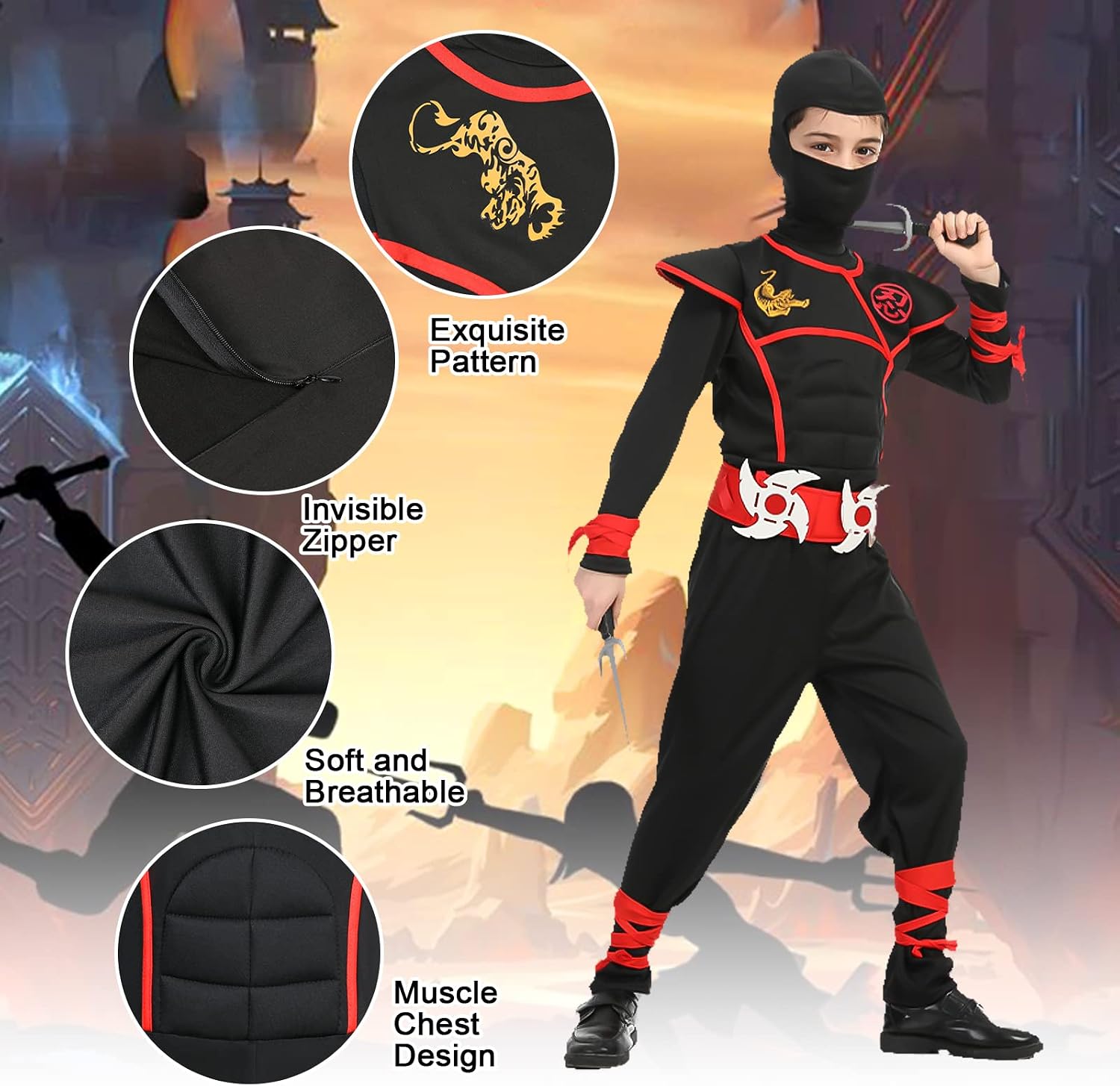 Thumbnail 4 de Aomig Vestito Ninja per Bambini – Costume completo con accessori in plastica e schiuma
