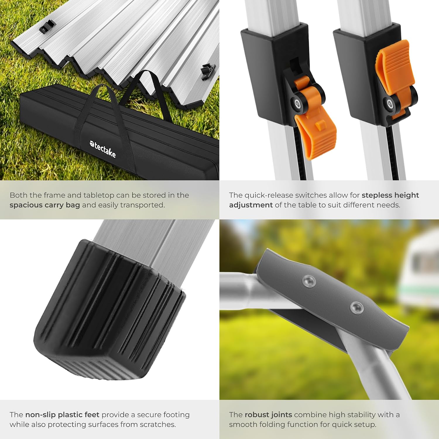 Detalle 2 de tectake Bastian 404984 hopfällbart campingbord i aluminium, höjdjusterbart
