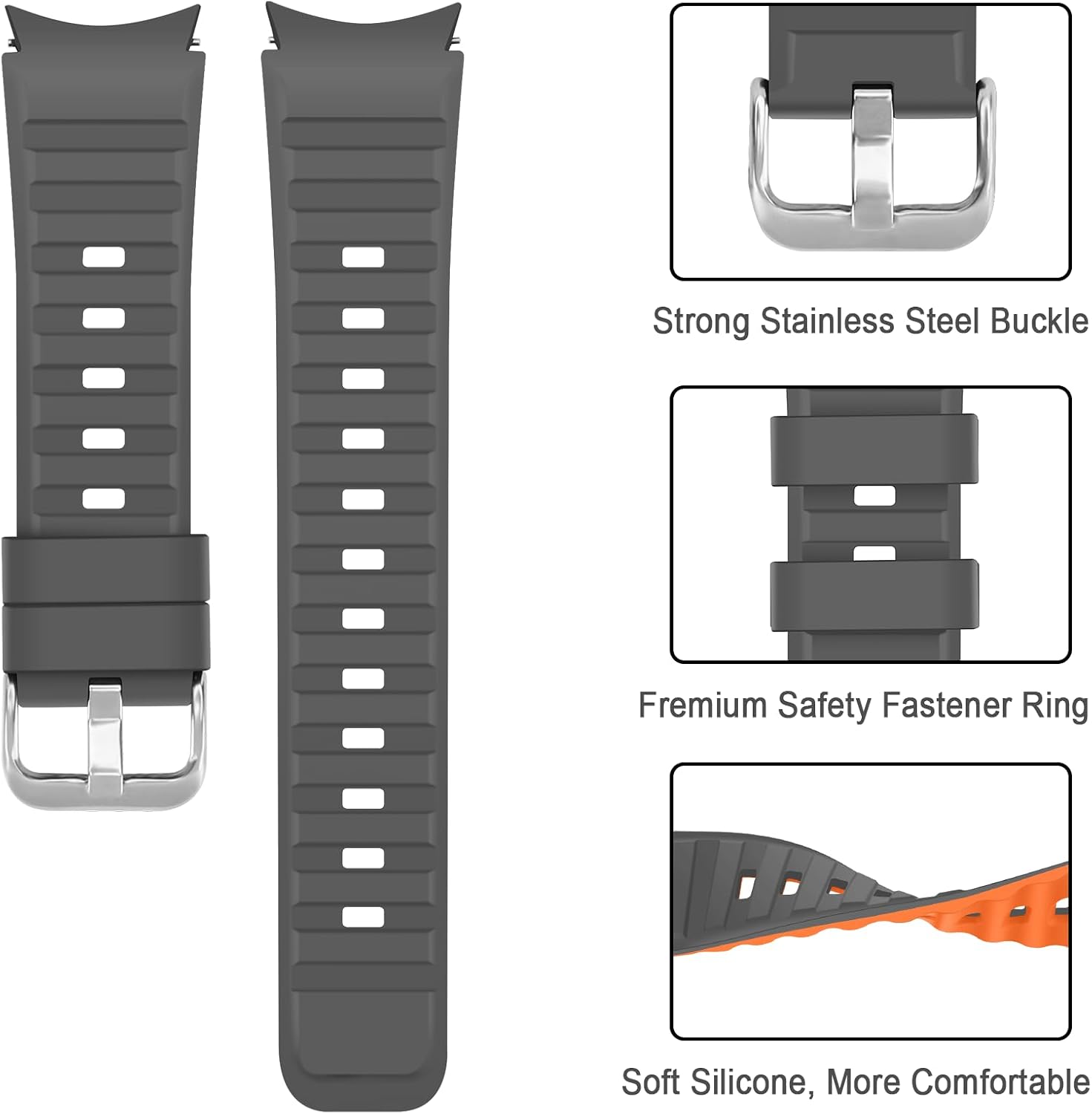 Detalle 2 de Tasikar No Gap Bands for Samsung Galaxy Watch (40mm/44mm, 43mm/47mm, 45mm) – Soft Silicone Sport Strap in Grey-Orange