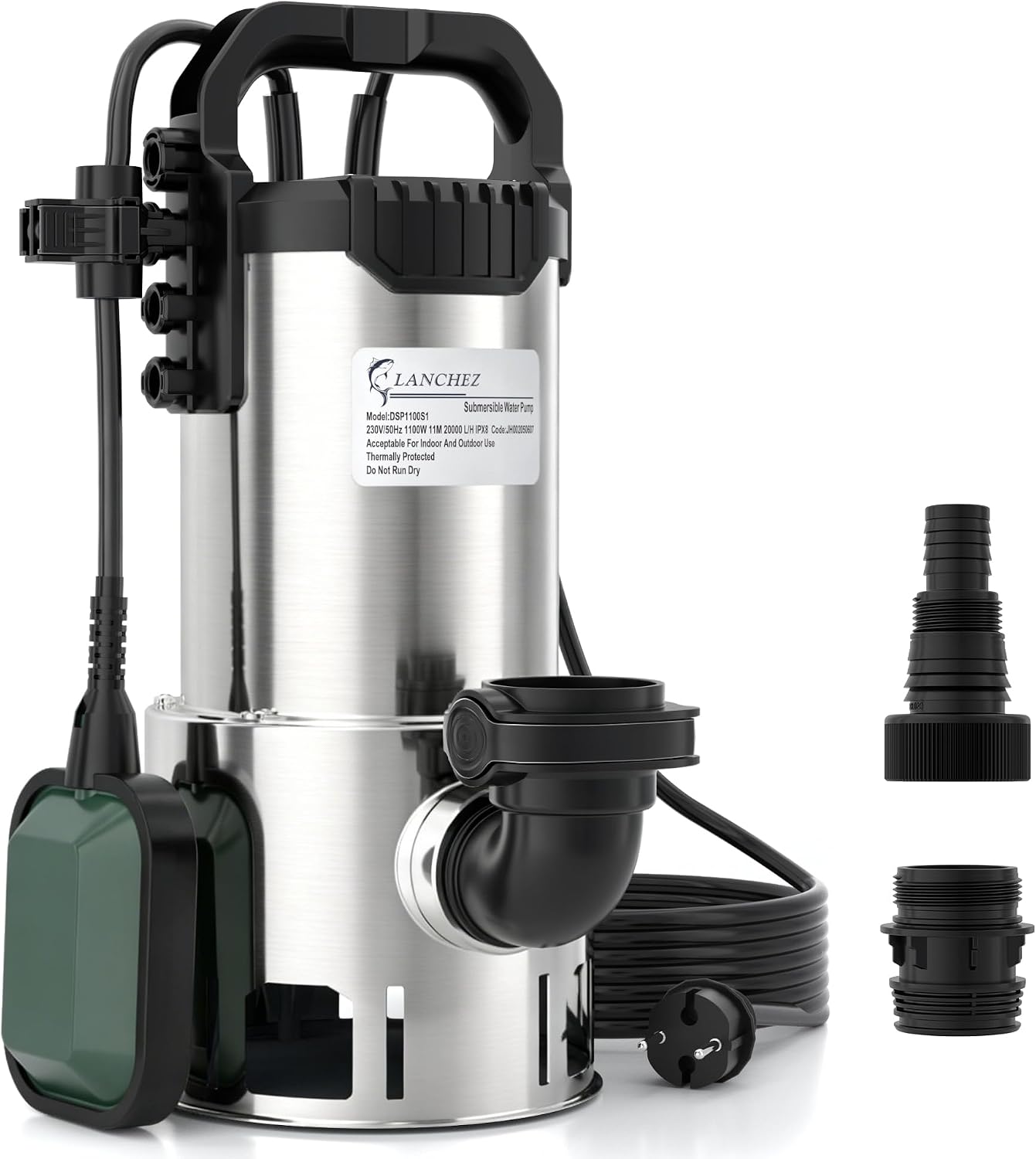 LANCHEZ Edelstahl Schmutzwassertauchpumpe 1100W – 20.000 l/h, Förderhöhe 11 m, 35 mm Durchlass