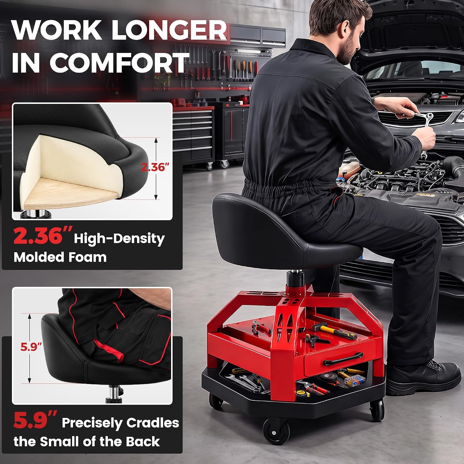 Detalle 2 de Rolling Mechanic Stool, 330 lb Capacity