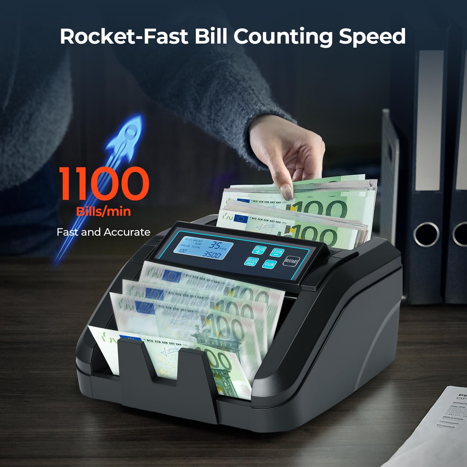 Detalle de MUNBYN IMC51: Compteur d’argent EUR 1100 billets/min avec détection UV/IR/MG et mode Ajout + Lot