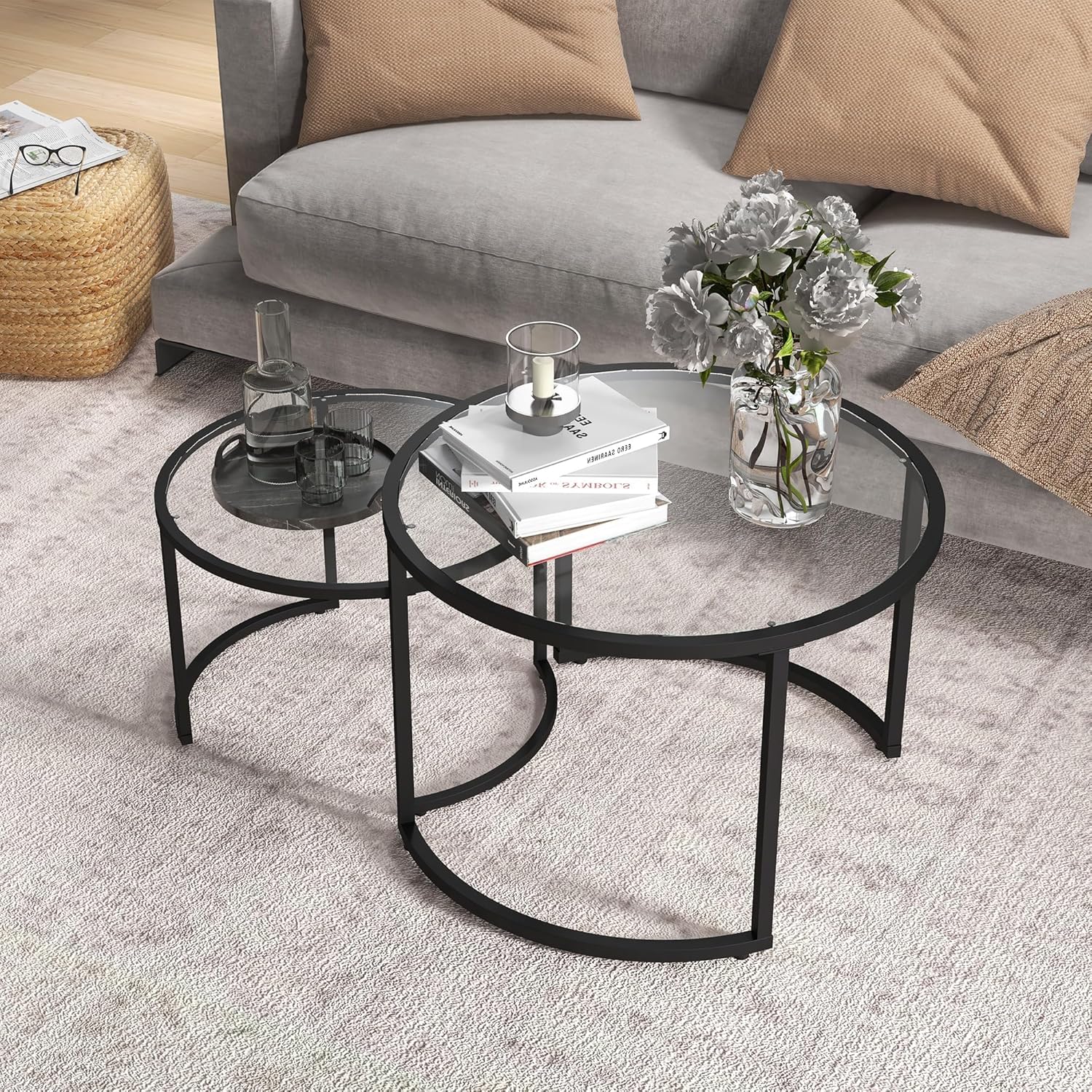 Thumbnail 6 de HOMCOM Lot de 2 Tables Basses gigognes rondes 70/54 cm — Plateau verre trempé et pied en acier au carbone noir
