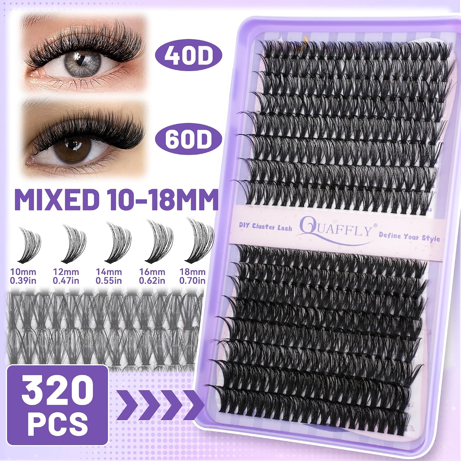 Detalle de QUAFFLY DIY Lash Cluster Kit, 1,184 Clusters, 40D–100D, 8–18 mm