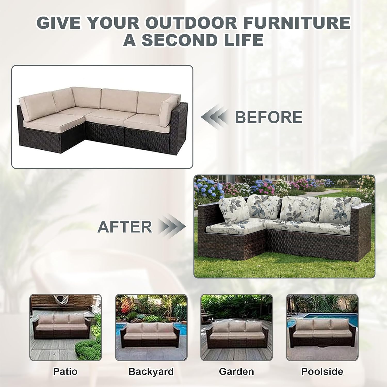 Thumbnail 5 de LiveGo 8-Pack Patio Stretch Sofa Cushion Covers (Flowers) for Outdoor Cushion Protection