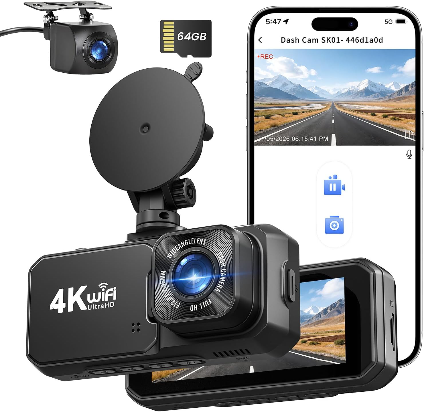 Rmana Dashcam voiture avant/arrière 4K+1080P double caméra avec WiFi et écran IPS 3,18