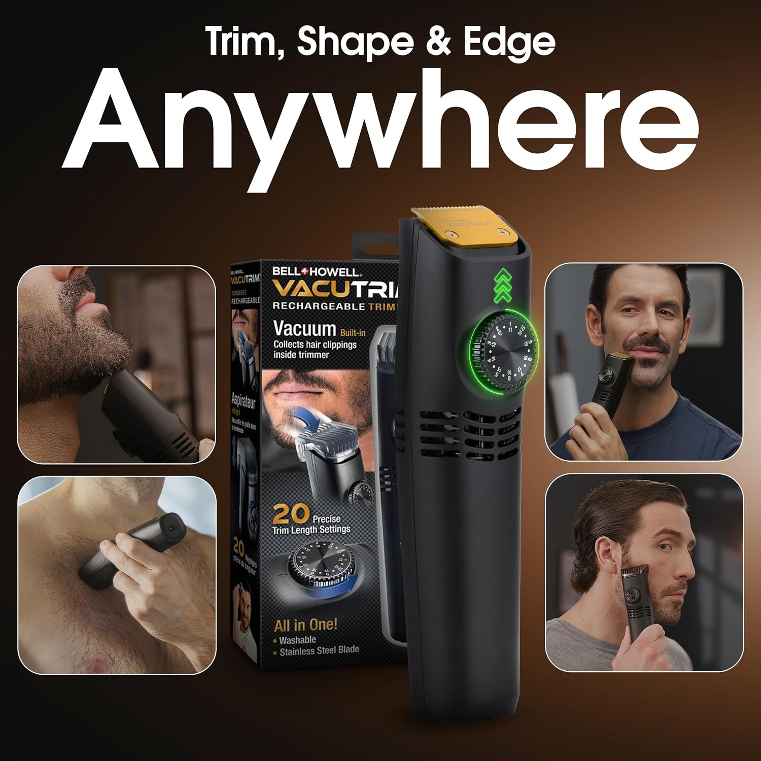 Detalle 2 de Bell+Howell Vacutrim Deluxe Cordless Beard Trimmer with Built-in Vacuum (20 Trim Settings)