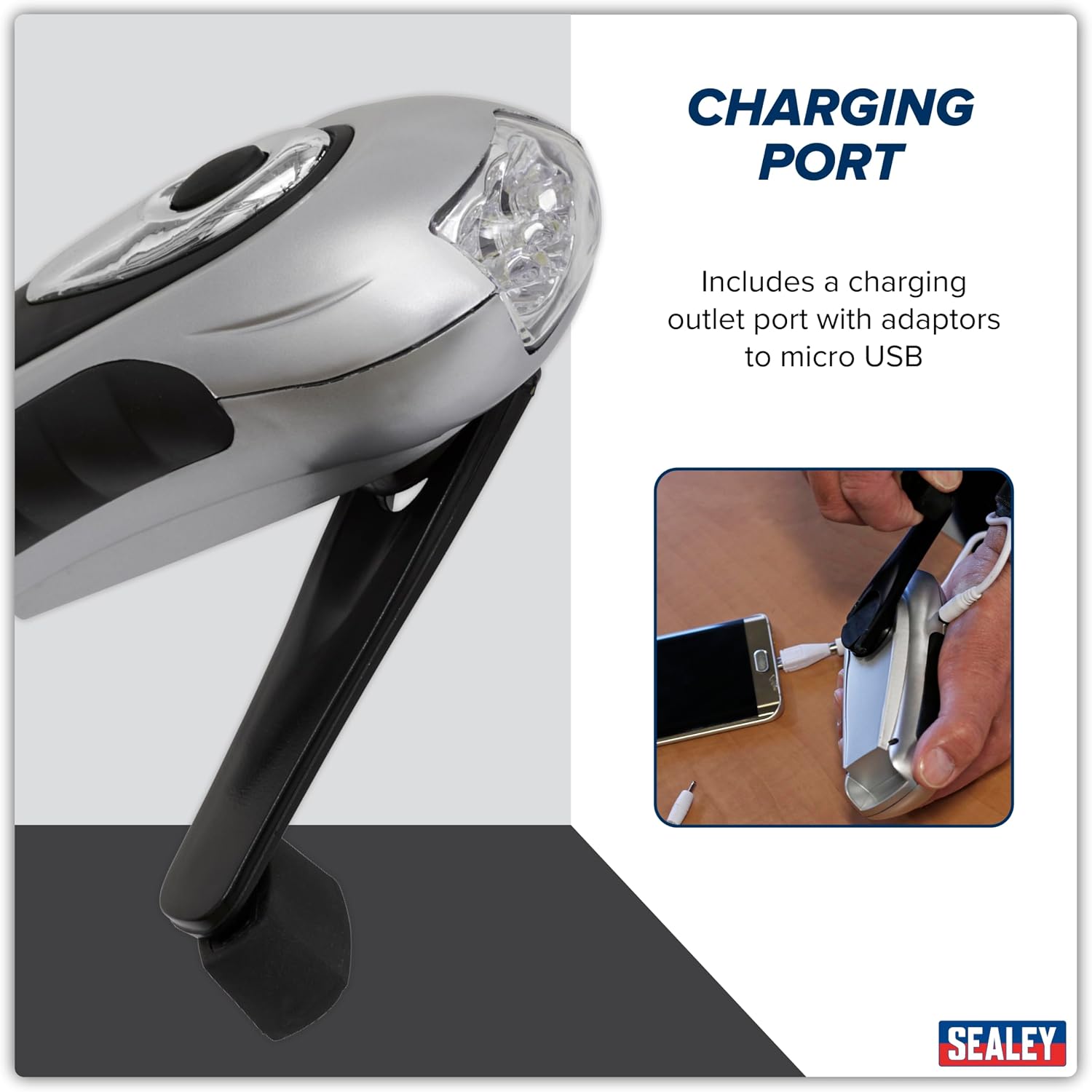 Detalle 2 de Sealey AK3305 Wind-Up Rechargeable Torch, 3 LEDs, Silver