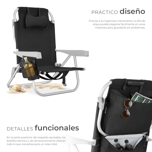 Detalle 2 de tectake Silla Playa Plegable con Respaldo Ajustable - aluminio ligero, mochila integrada (negro)