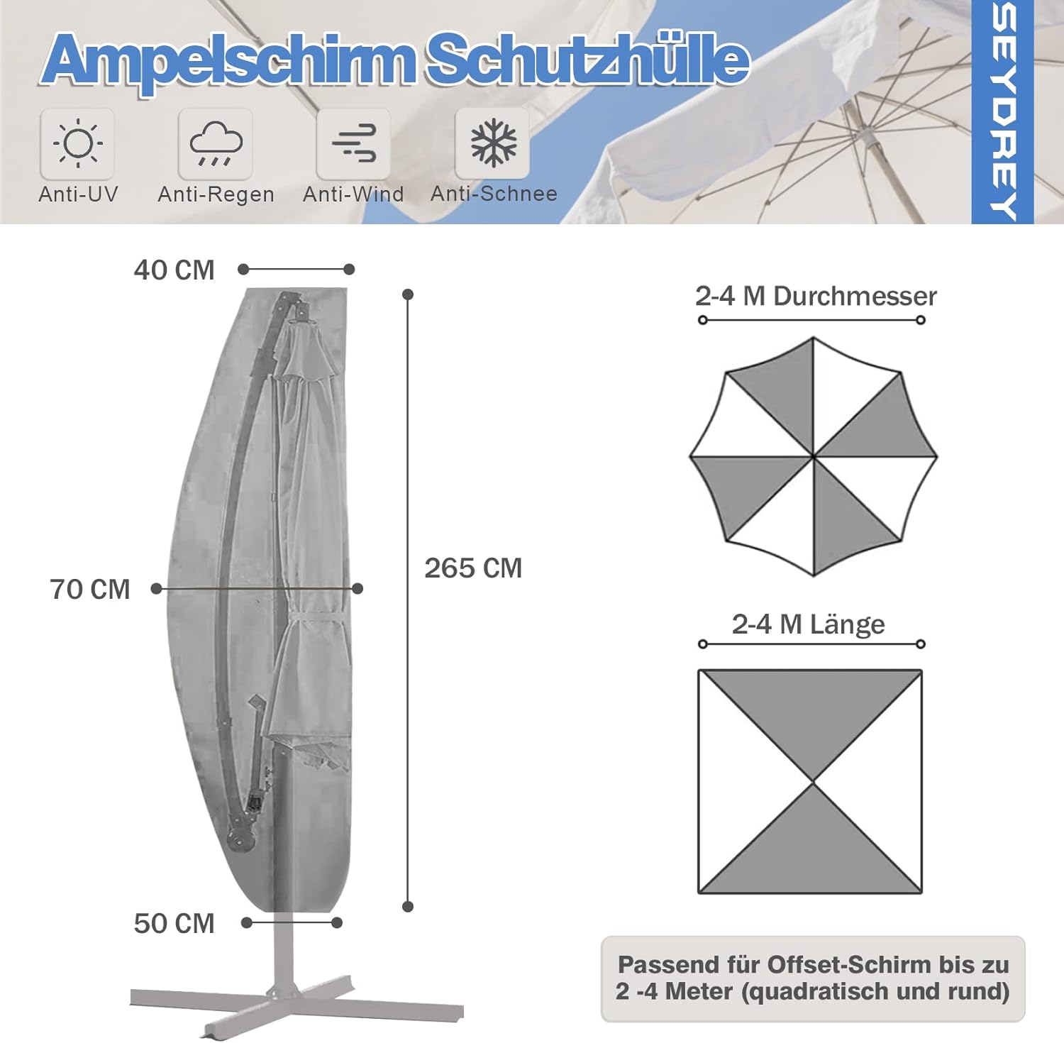 Thumbnail 1 de Seydrey Sonnenschirm Schutzhülle für Ampelschirm (420D Oxford, 2–4 m) inkl. Hilfsstange