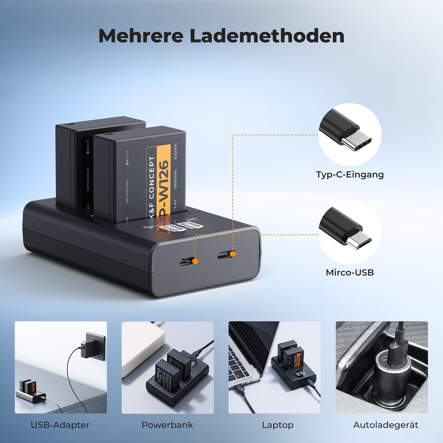 Thumbnail 4 de K&F CONCEPT NP-W126 / NP-W126S Akku (2er-Set) + Dual-Slot Schnellladegerät mit USB-C und Micro-USB – kompatibel mit Fujifilm