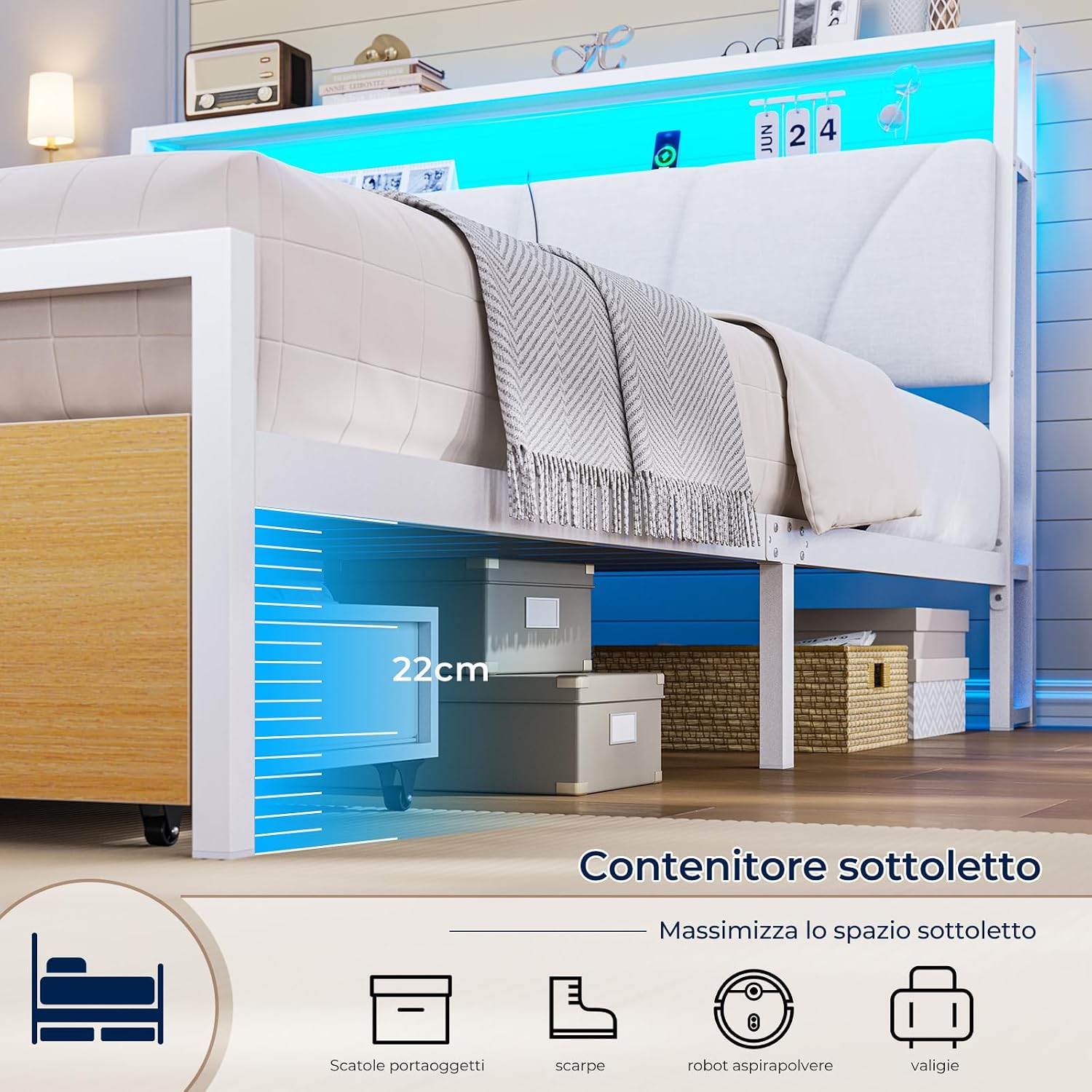 Detalle 2 de Brinlawb Struttura Letto 140x190 cm con Testiera Imbottita, LED e Ricarica – Bianco