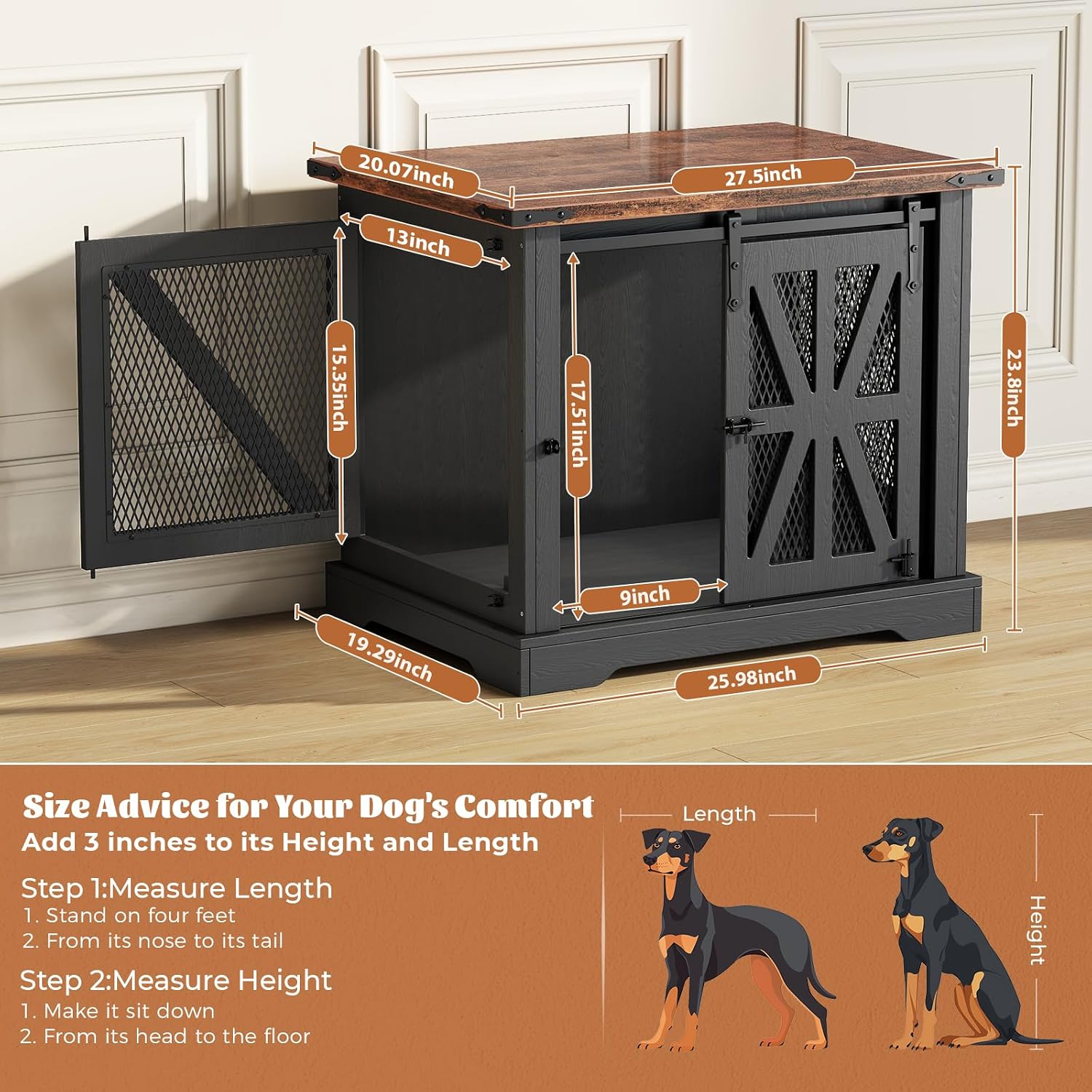 Detalle de Dog Cage Furniture: 70cm Three-Door Wooden Dog Cage with Sliding Doors (Black)