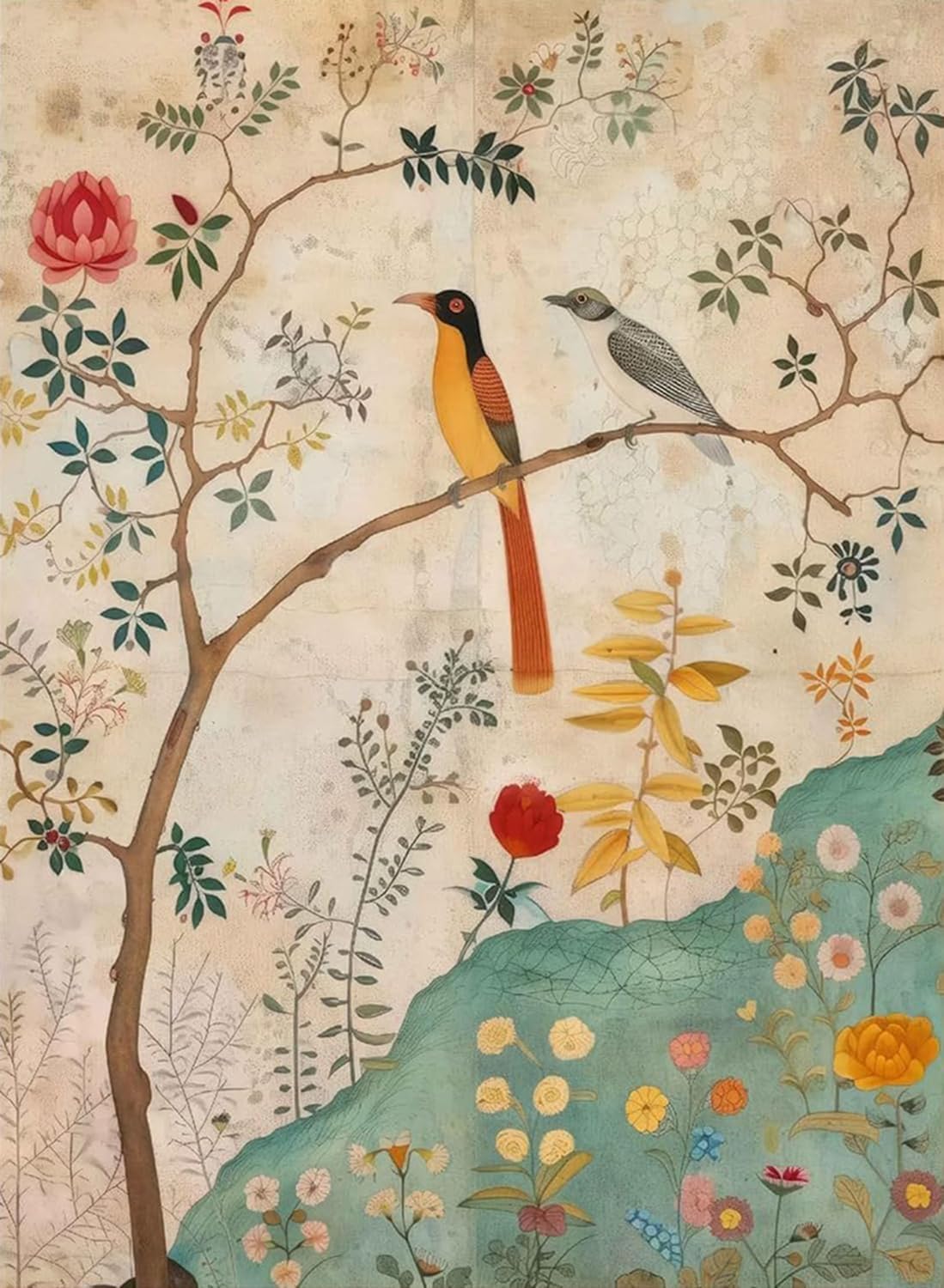 Detalle de ZeeLionArt Vintage Persian Birds & Flowers Diamond Painting Kit, 12 x 16-Inch Full Round Drill