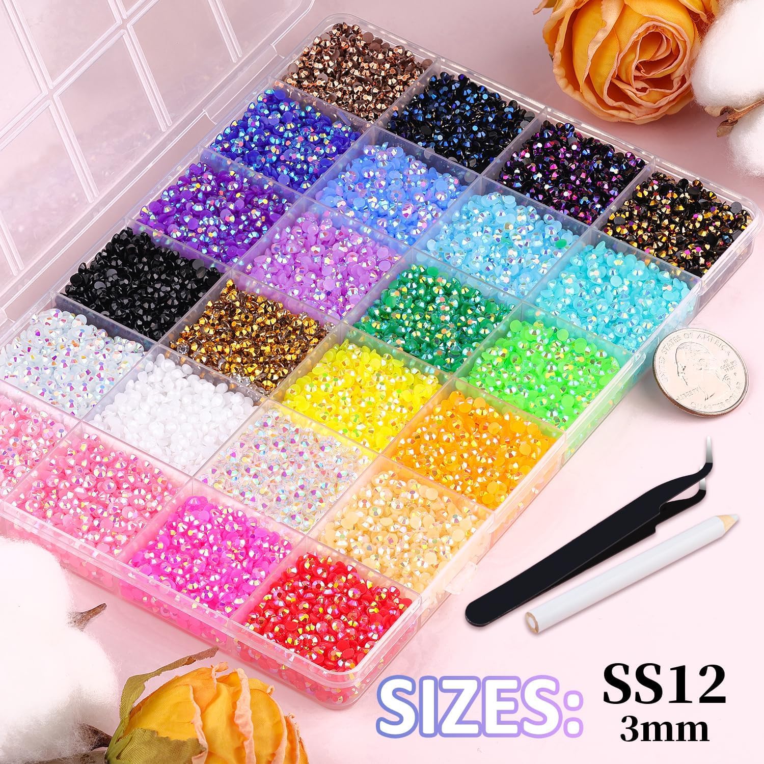 Detalle 2 de WaelthKey 30000PCS Nail Art Rhinestones – 3 mm Resin Flat-Back Crystals in 24 Colours with Glue, Tweezers and Pen