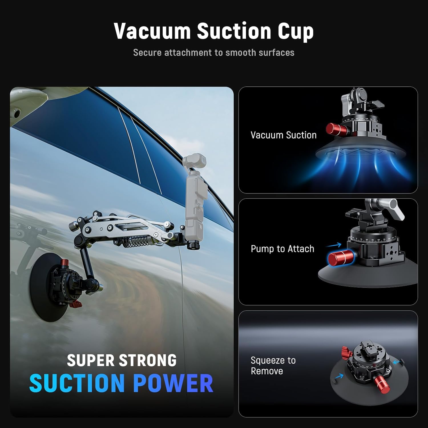 Detalle de NEEWER GA022 Vacuum Suction Cup Car Mount with Hydraulic Boom Arm (NATO rail, up to 18oz/500g)