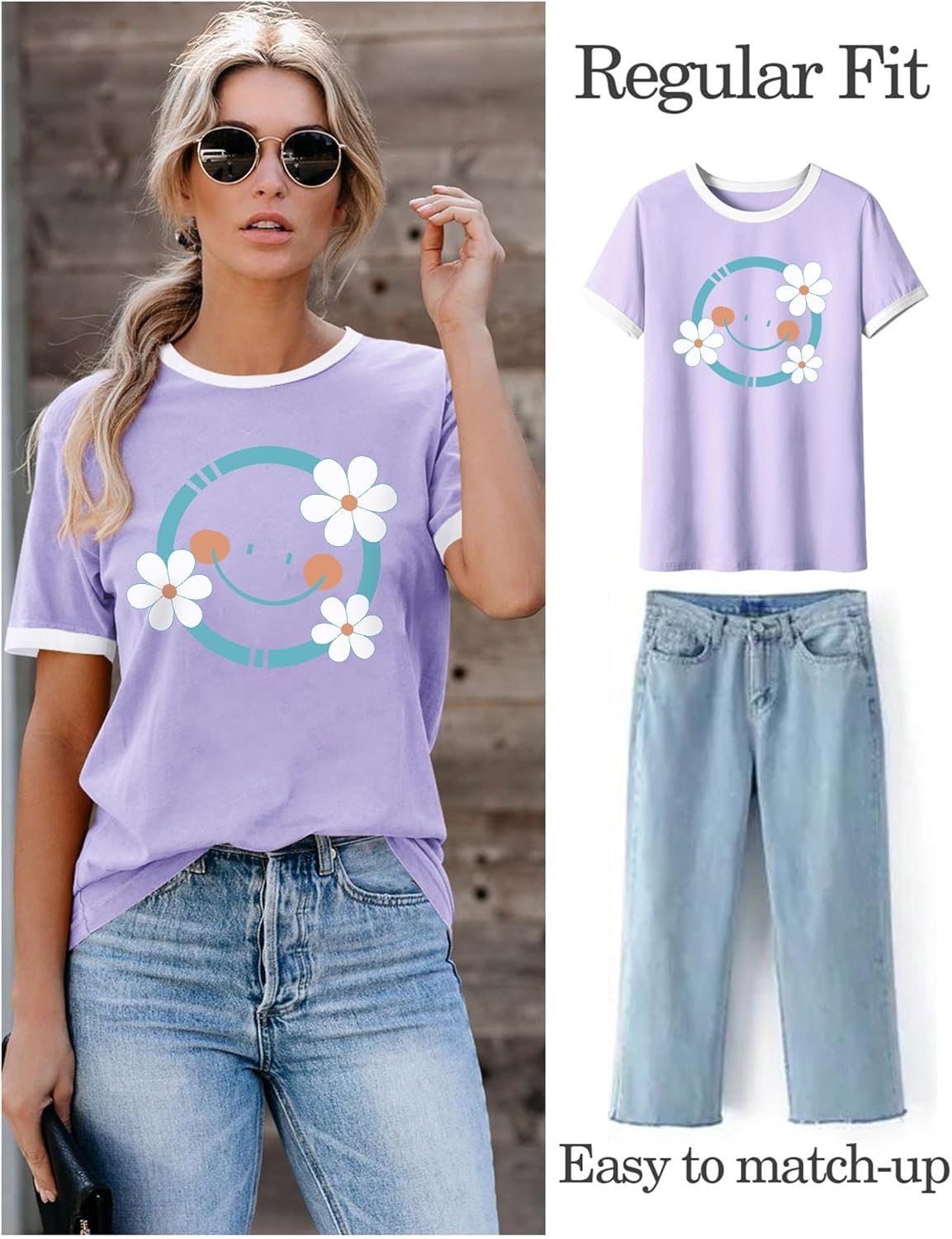 Detalle 2 de WIEIYM Women Daisy Floral Short Sleeve Cotton T‑Shirt – Boho Summer Tee